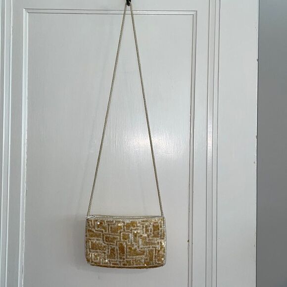 Gold sequined & beaded small cloth crossbody purse - Picture 1 of 10